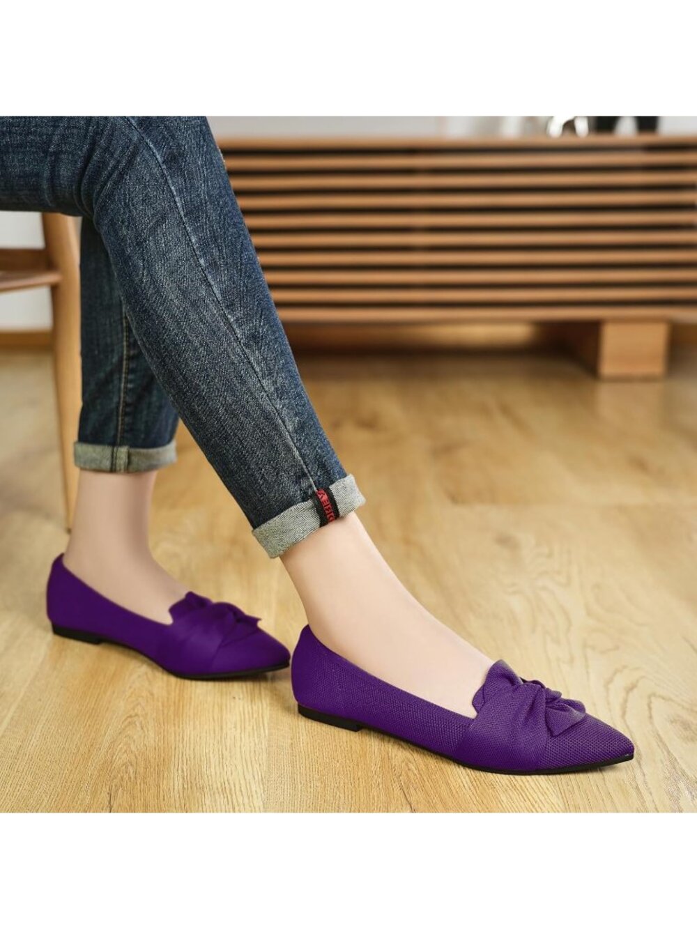 Women's Purple Pointed Toe Ballet With Bow Comfortable Knit Dressy Flats Shoes - Picture 7 of 7